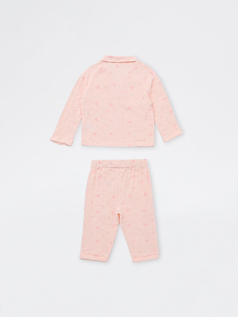 HOP Baby Boys Pink Heart Printed Cotton Shirt and Pants Set