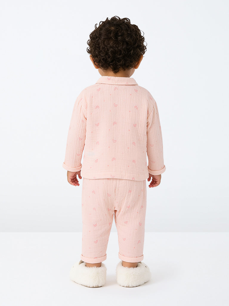 HOP Baby Boys Pink Heart Printed Cotton Shirt and Pants Set