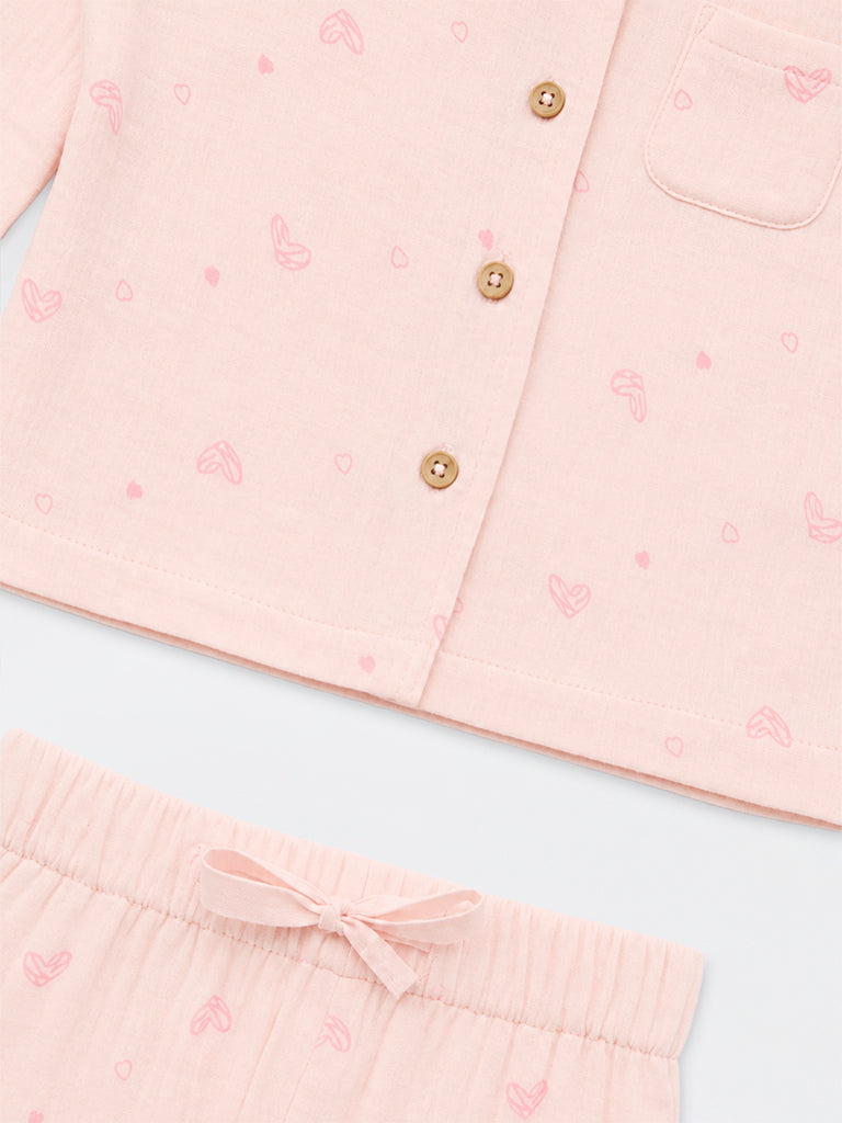 HOP Baby Boys Pink Heart Printed Cotton Shirt and Pants Set