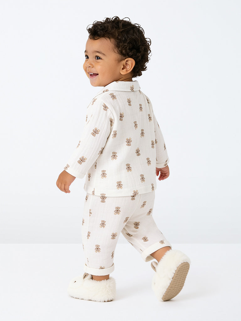 HOP Baby Boys White Teddy Printed Cotton Shirt and Pants Set