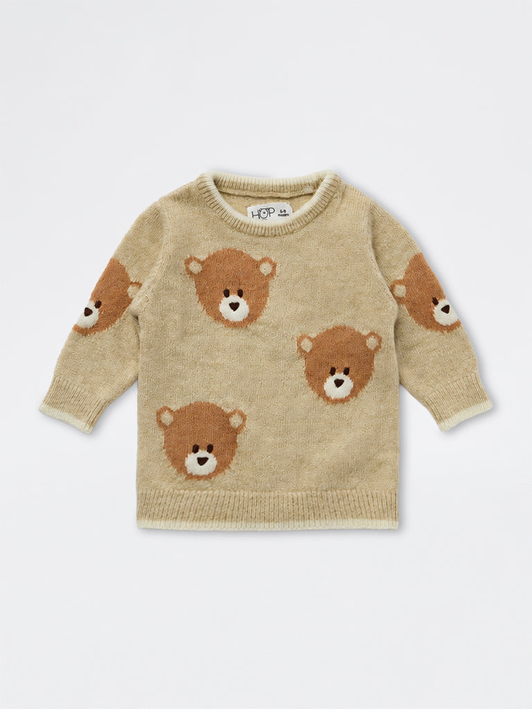 HOP Baby Boys Beige Teddy Bear Design Knitted Sweater