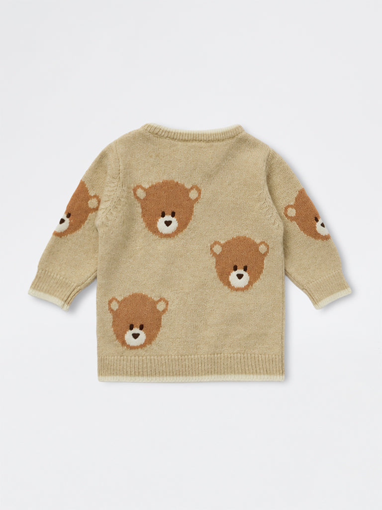 HOP Baby Boys Beige Teddy Bear Design Knitted Sweater