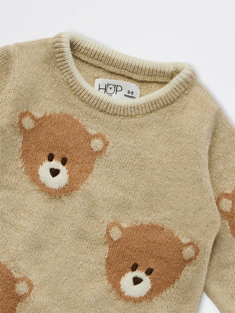 HOP Baby Boys Beige Teddy Bear Design Knitted Sweater