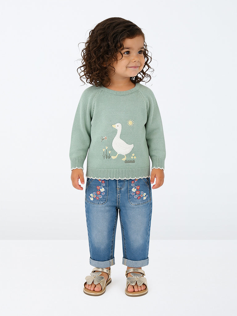 HOP Baby Girls Blue Floral Embroidered High-Rise Relaxed Fit Jeans