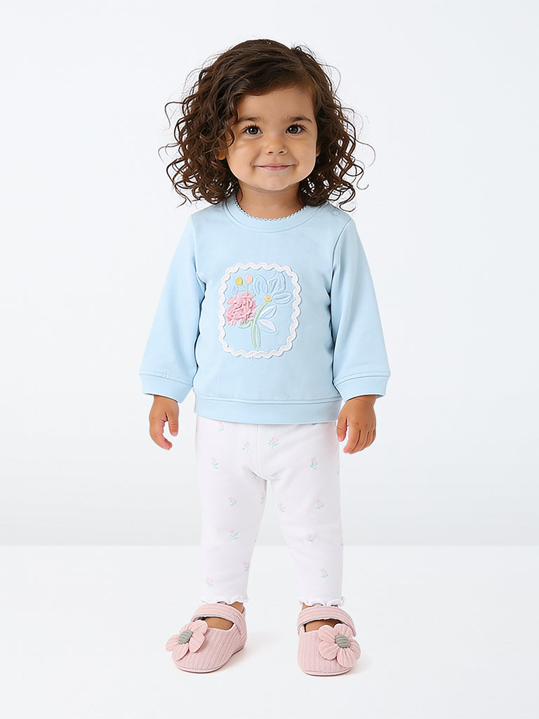 HOP Baby Girls Light Blue Floral Embroidered Cotton Sweatshirt and Pants Set