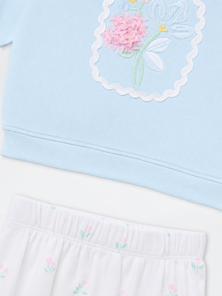 HOP Baby Girls Light Blue Floral Embroidered Cotton Sweatshirt and Pants Set