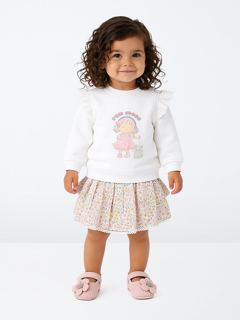 HOP Baby Girls White Printed Cotton Sweatshirt and Skirt Set