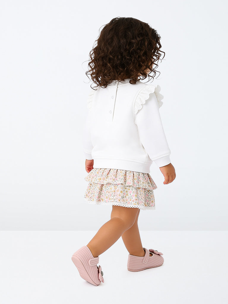 HOP Baby Girls White Printed Cotton Sweatshirt and Skirt Set