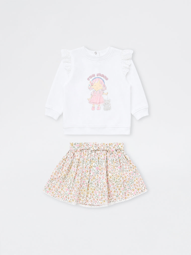 HOP Baby Girls White Printed Cotton Sweatshirt and Skirt Set