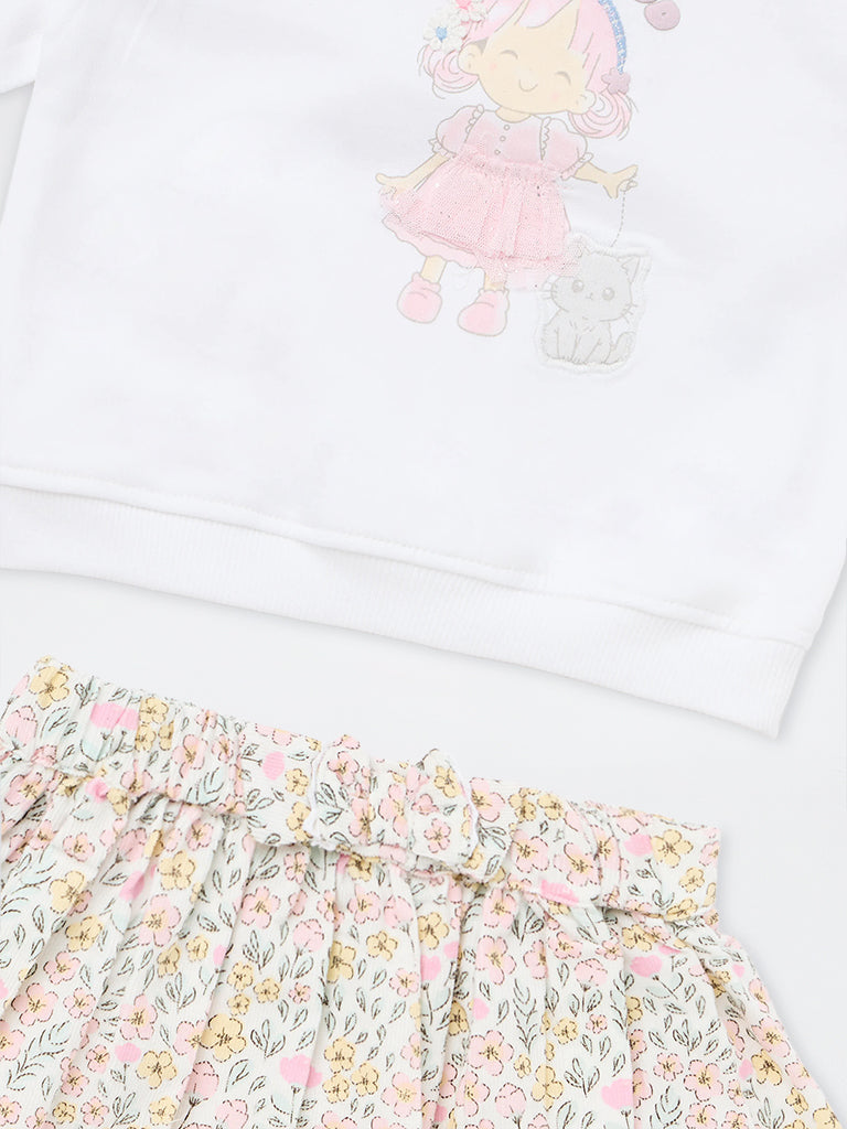 HOP Baby Girls White Printed Cotton Sweatshirt and Skirt Set