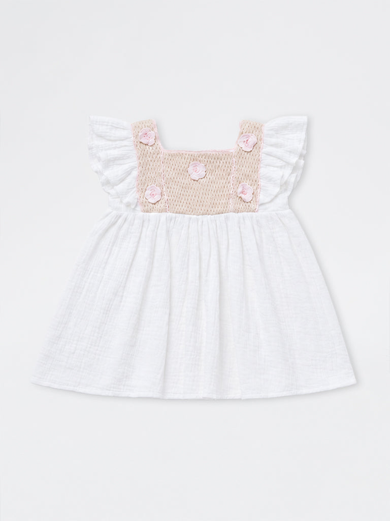 HOP Baby Girls White Crochet Embroidered Cotton A-Line Dress