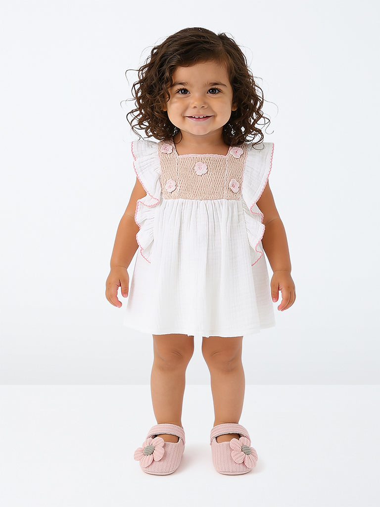 HOP Baby Girls White Crochet Embroidered Cotton A-Line Dress