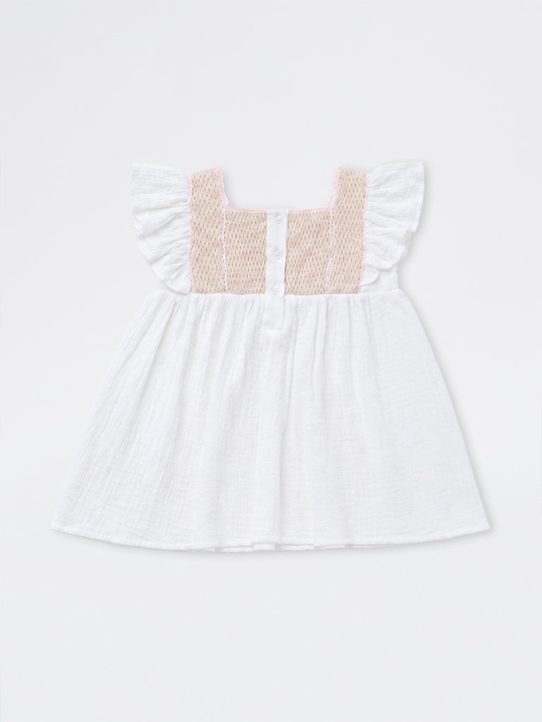HOP Baby Girls White Crochet Embroidered Cotton A-Line Dress