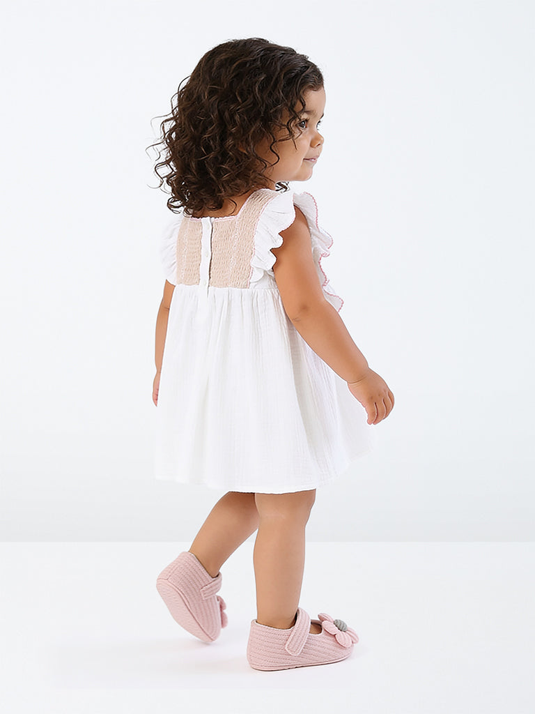 HOP Baby Girls White Crochet Embroidered Cotton A-Line Dress