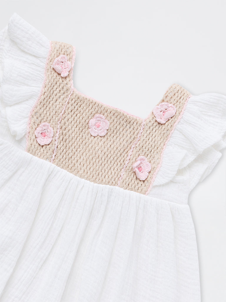 HOP Baby Girls White Crochet Embroidered Cotton A-Line Dress