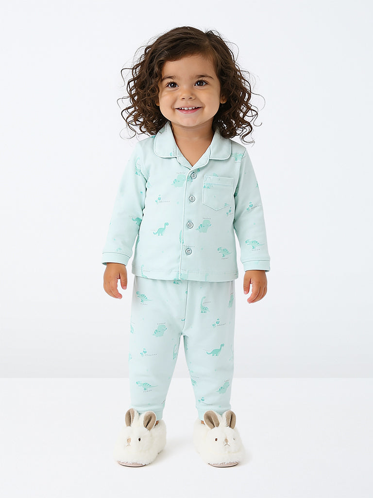 HOP Baby Girls Mint Dinosaur Printed Cotton Shirt and Pants Set