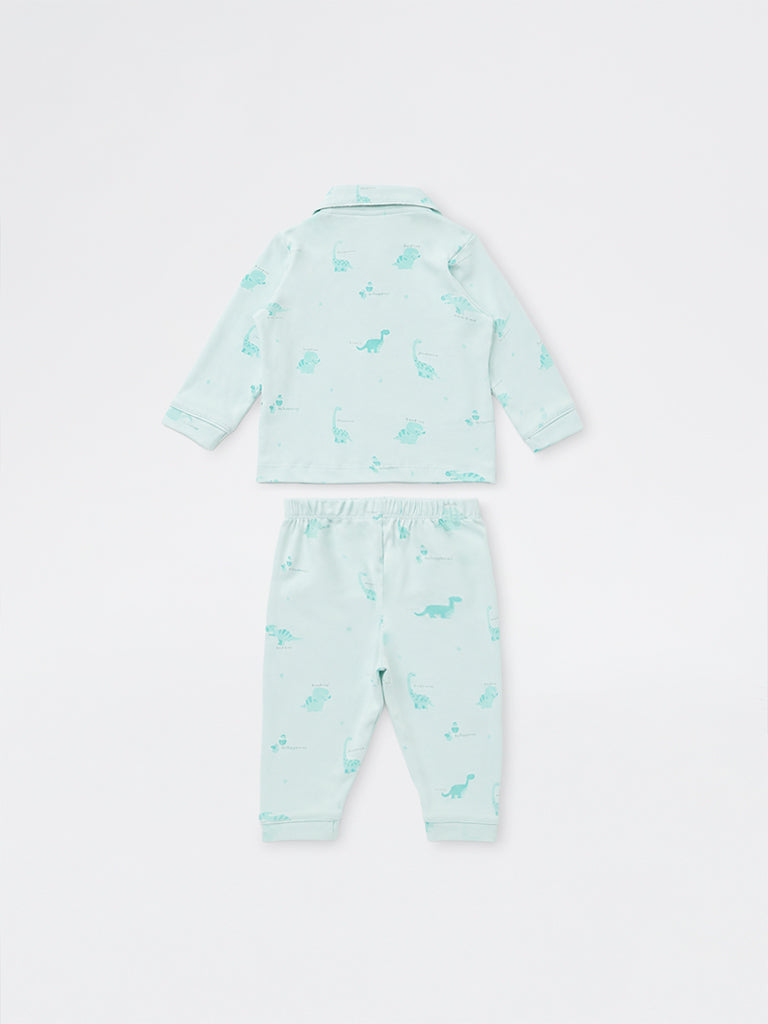 HOP Baby Girls Mint Dinosaur Printed Cotton Shirt and Pants Set
