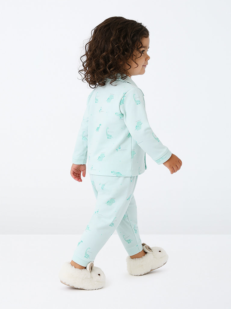 HOP Baby Girls Mint Dinosaur Printed Cotton Shirt and Pants Set