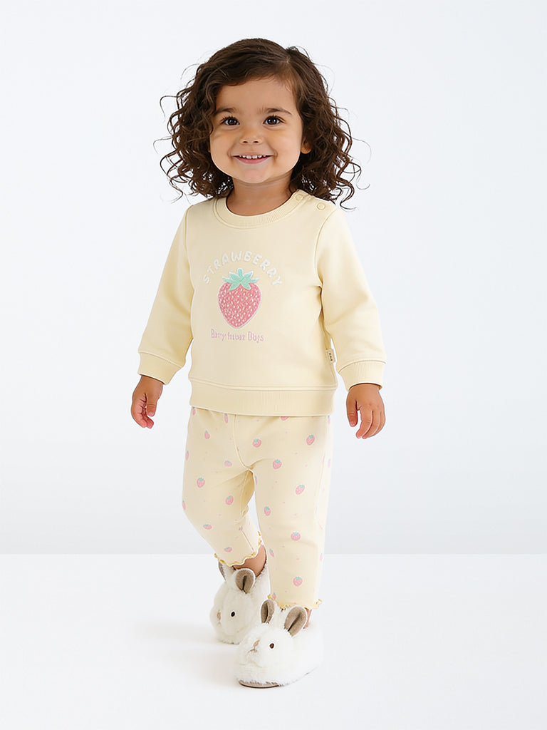 HOP Baby Girls Yellow Strawberry Design Cotton Sweater and Pants Set