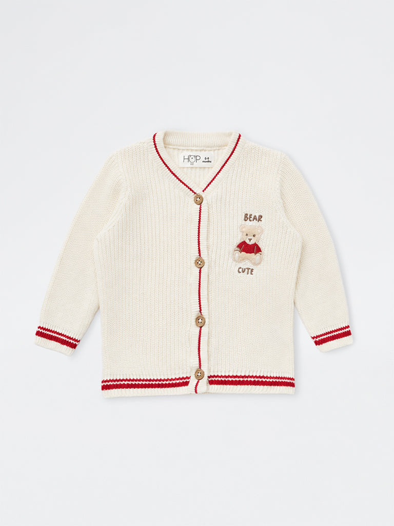 HOP Baby Girls Off-White Teddy-Detail Knitted Cotton Cardigan