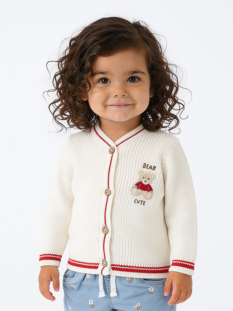HOP Baby Girls Off-White Teddy-Detail Knitted Cotton Cardigan
