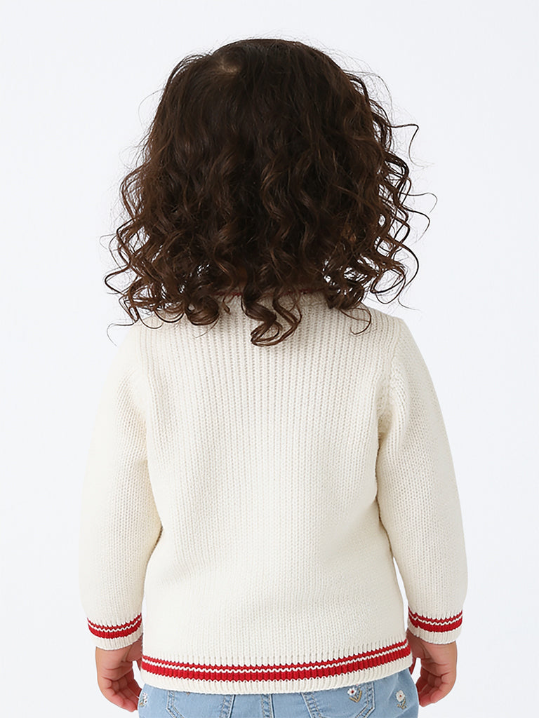 HOP Baby Girls Off-White Teddy-Detail Knitted Cotton Cardigan