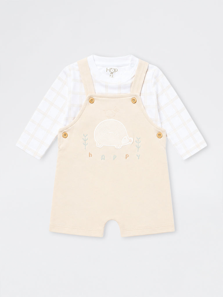 HOP Baby Boys Light Beige Animal Design Cotton Dungaree with T-Shirt Set