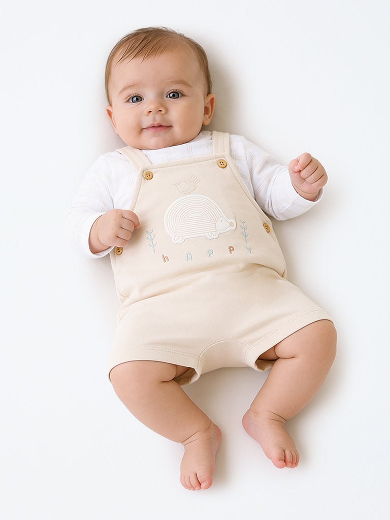 HOP Baby Boys Light Beige Animal Design Cotton Dungaree with T-Shirt Set