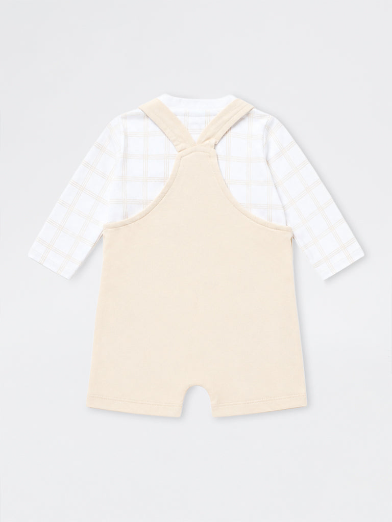 HOP Baby Boys Light Beige Animal Design Cotton Dungaree with T-Shirt Set