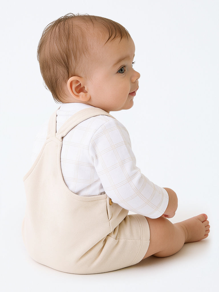 HOP Baby Boys Light Beige Animal Design Cotton Dungaree with T-Shirt Set