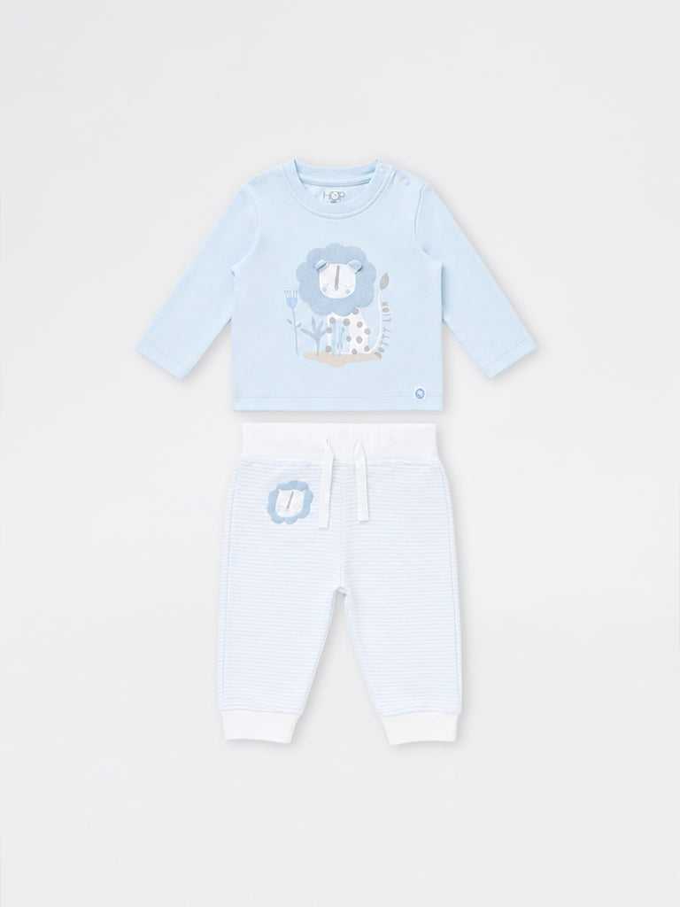 HOP Baby Boys Light Blue Lion Design Cotton T-Shirt and Pants Set