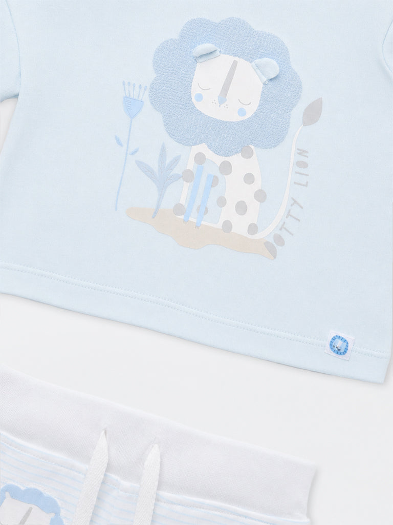 HOP Baby Boys Light Blue Lion Design Cotton T-Shirt and Pants Set