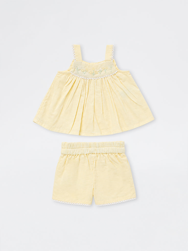 HOP Baby Girls Yellow Floral Embroidered Cotton Top and Shorts Set