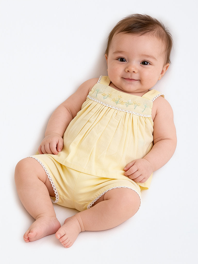 HOP Baby Girls Yellow Floral Embroidered Cotton Top and Shorts Set