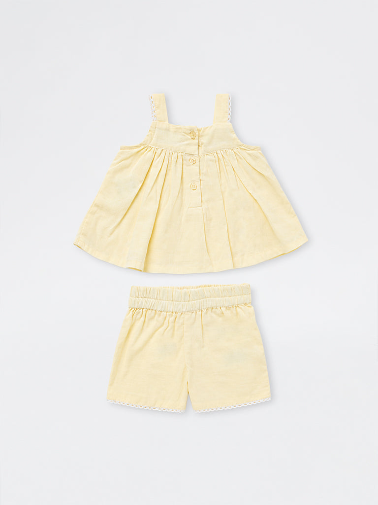 HOP Baby Girls Yellow Floral Embroidered Cotton Top and Shorts Set