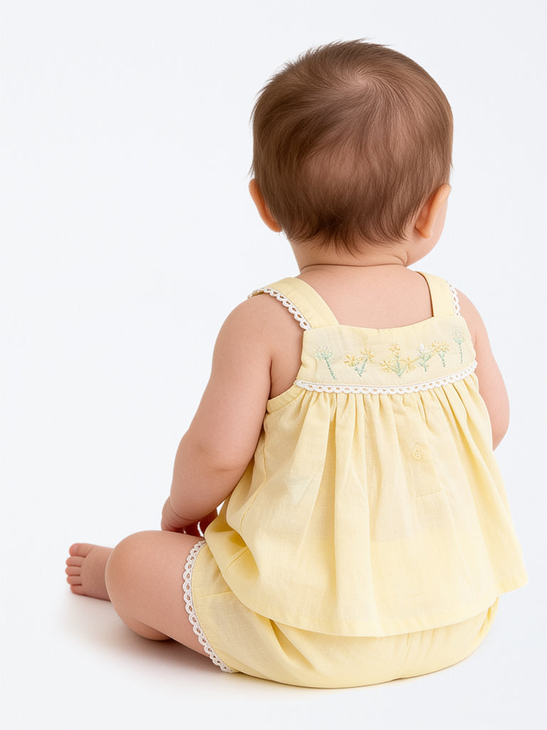 HOP Baby Girls Yellow Floral Embroidered Cotton Top and Shorts Set