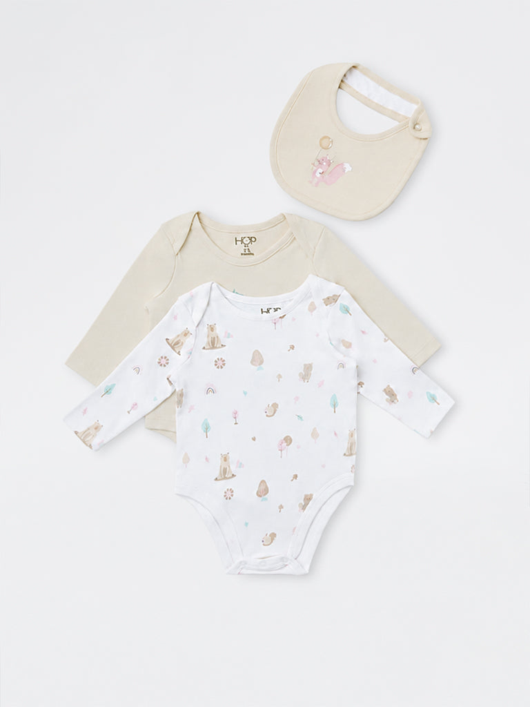HOP Baby Boys White Printed Cotton Romper and Bib - Pack of 2