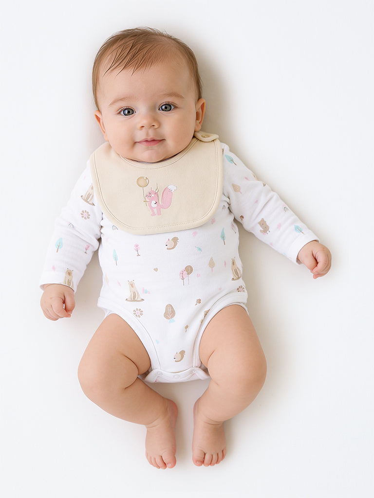 HOP Baby Boys White Printed Cotton Romper and Bib - Pack of 2