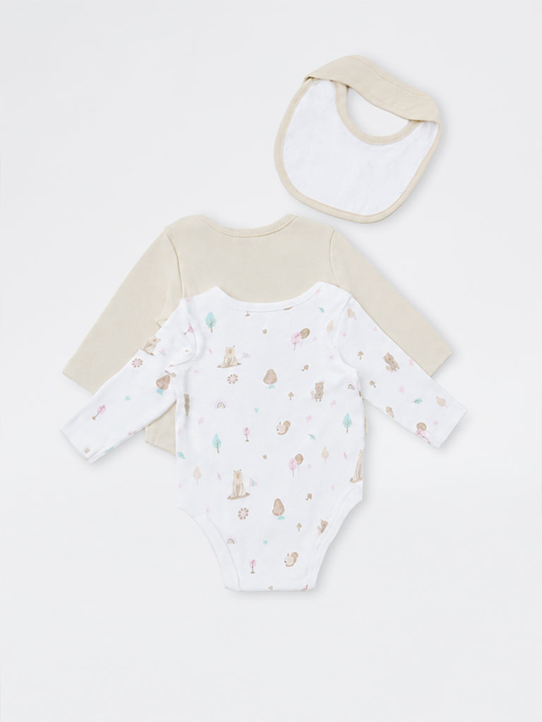 HOP Baby Boys White Printed Cotton Romper and Bib - Pack of 2