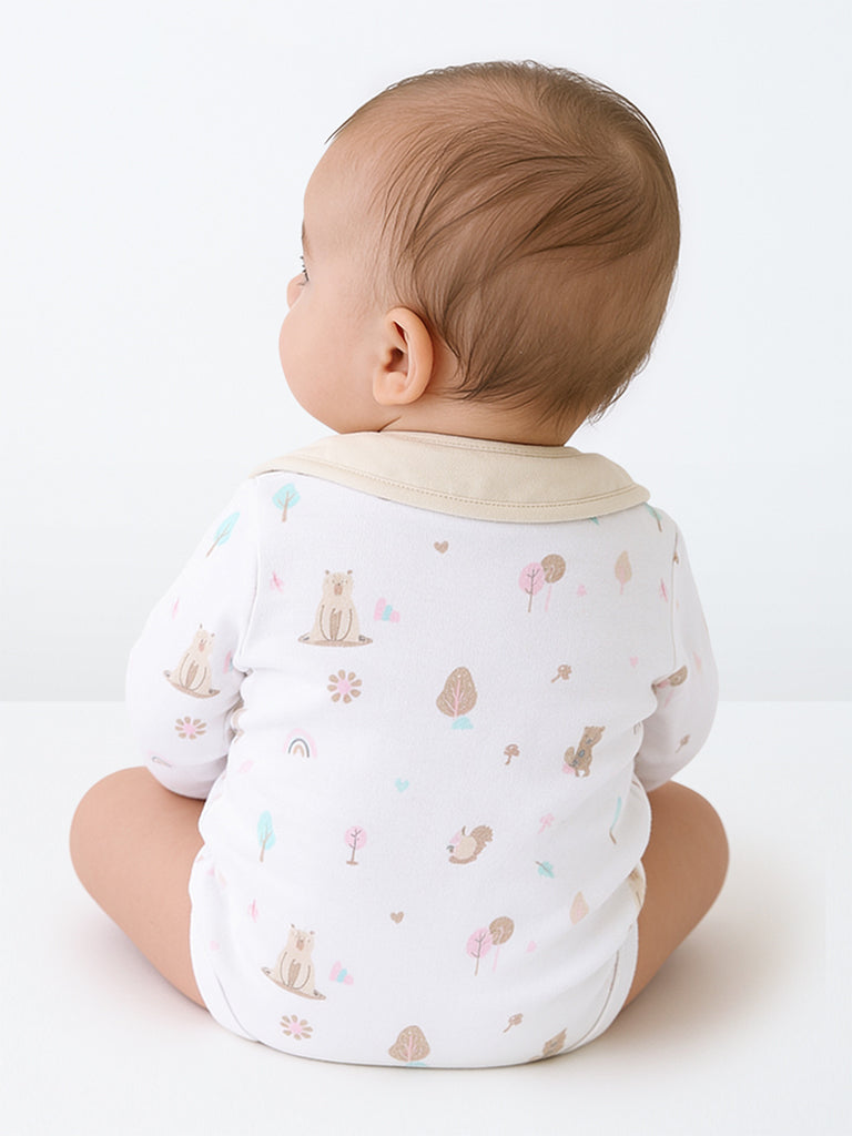 HOP Baby Boys White Printed Cotton Romper and Bib - Pack of 2