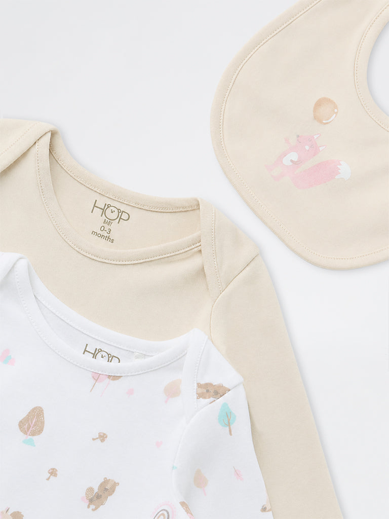 HOP Baby Boys White Printed Cotton Romper and Bib - Pack of 2