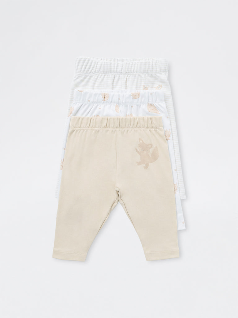 HOP Baby Boys Light Beige Animal Printed Cotton Pants - Pack of 3