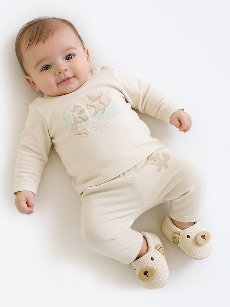 HOP Baby Boys Light Beige Animal Printed Cotton Pants - Pack of 3