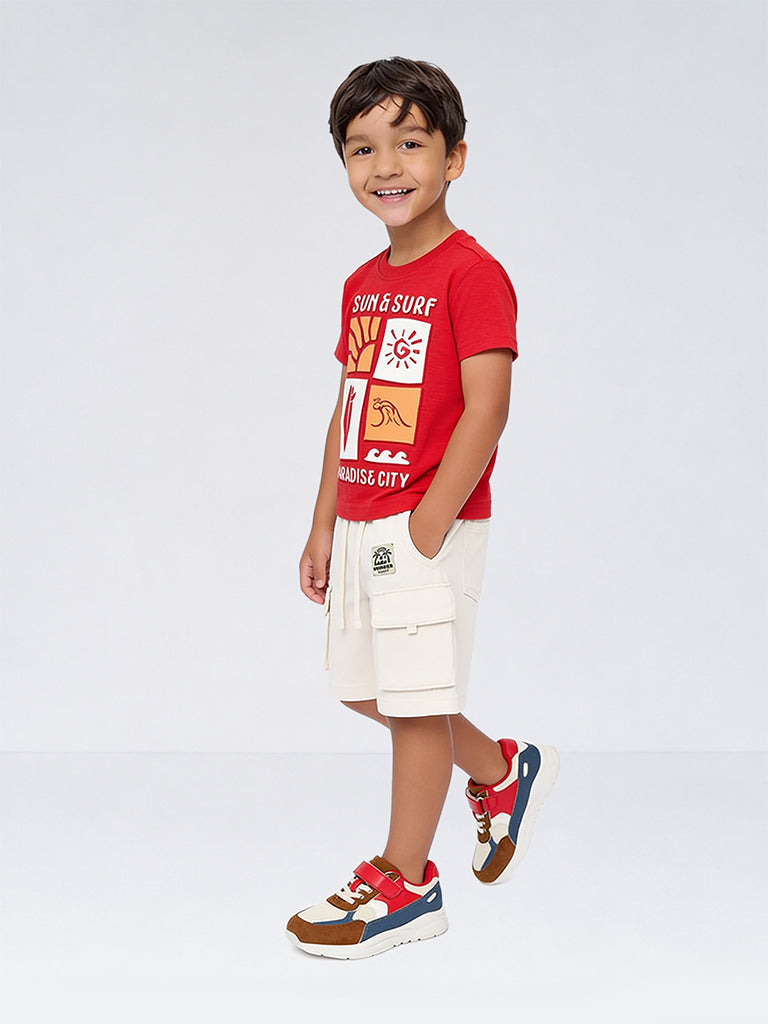 HOP Kids Boys White Cargo-Style Mid-Rise Cotton Shorts