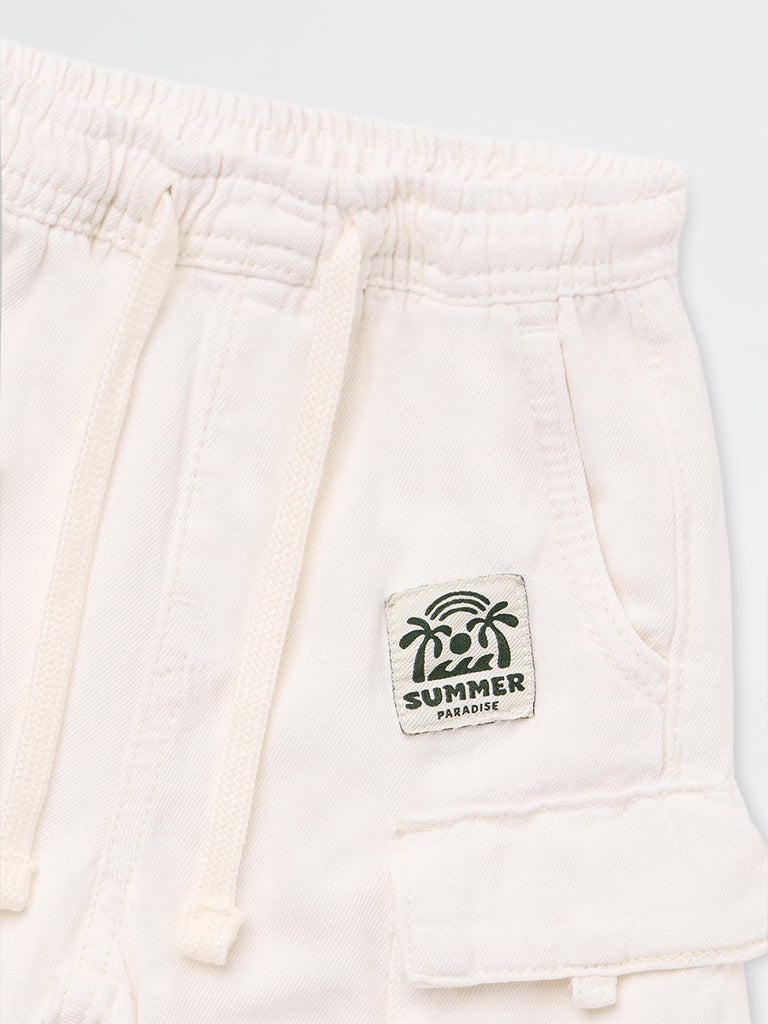 HOP Kids Boys White Cargo-Style Mid-Rise Cotton Shorts