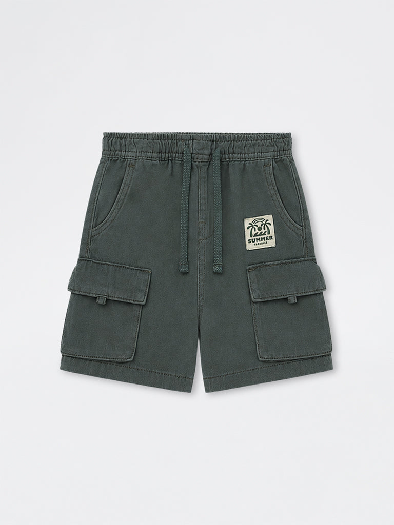 HOP Kids Boys Olive Cargo-Style Mid-Rise Cotton Shorts