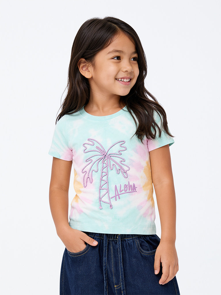HOP Kids Girls Mint Tie-Dye Design Cotton T-Shirt