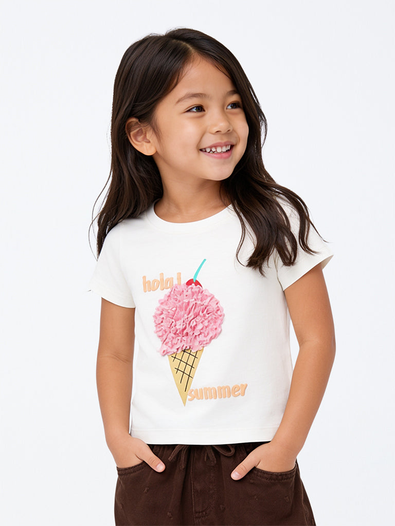 HOP Kids Girls Off-White Ice Cream Appliqué Cotton T-Shirt