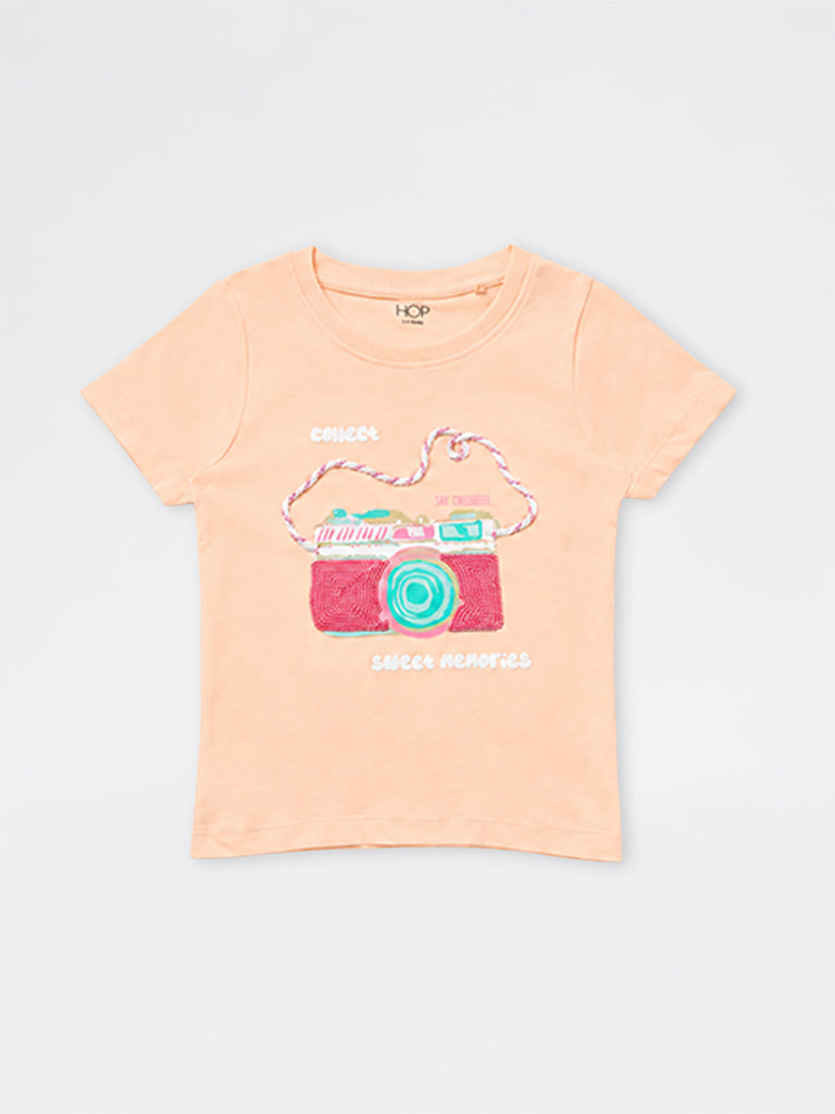 HOP Kids Girls Peach Camera Design Cotton T-Shirt