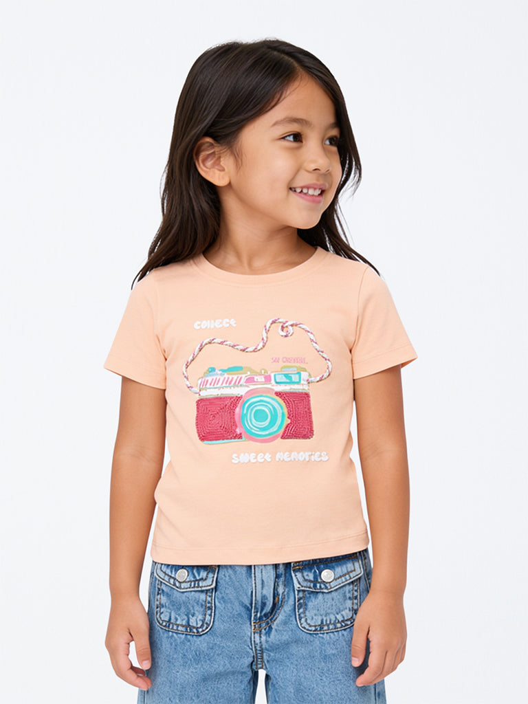 HOP Kids Girls Peach Camera Design Cotton T-Shirt